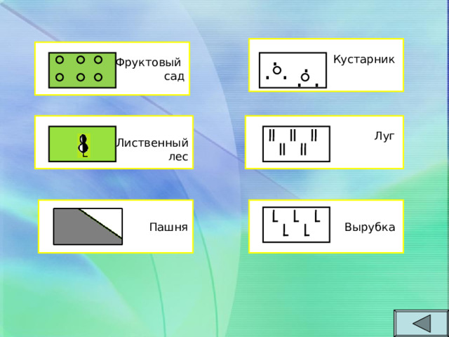  . . . . Кустарник Фруктовый сад . . Лиственный лес Луг Пашня Вырубка 15 