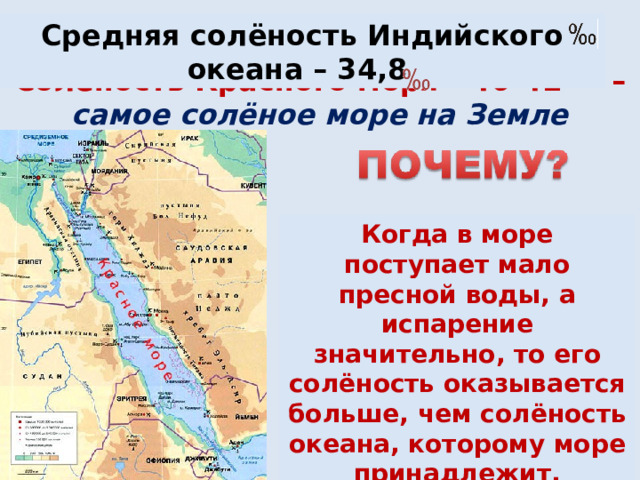 Средняя солёность Индийского океана – 34,8 Солёность Красного моря - 40-42 – самое солёное море на Земле Когда в море поступает мало пресной воды, а испарение значительно, то его солёность оказывается больше, чем солёность океана, которому море принадлежит. 