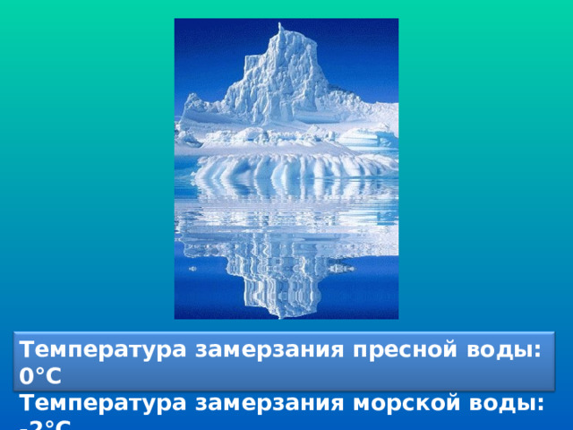 Температура замерзания пресной воды: 0°С Температура замерзания морской воды: -2°С 