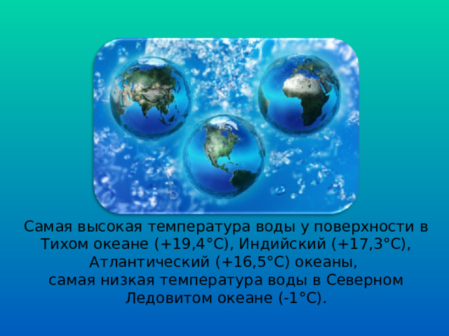 Самая высокая температура воды у поверхности в Тихом океане (+19,4°C), Индийский (+17,3°C), Атлантический (+16,5°C) океаны, самая низкая температура воды в Северном Ледовитом океане (-1°C). 