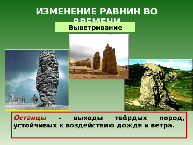 ИЗМЕНЕНИЕ РАВНИН ВО ВРЕМЕНИ Выветривание Останцы  – выходы твёрдых пород, устойчивых к воздействию дождя и ветра.  