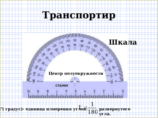 Транспортир Шкала Центр полуокружности 1  ( градус)- единица измерения углов. развернутого угла. 
