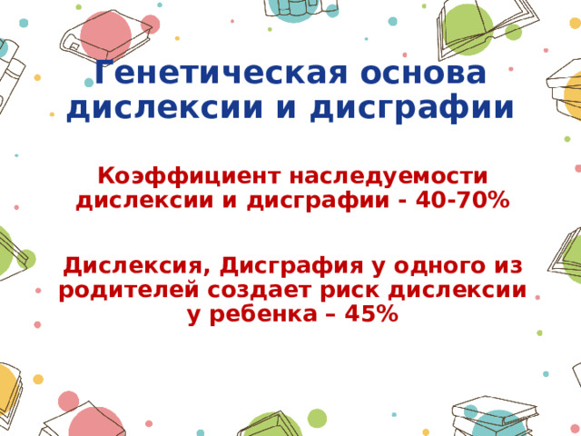 Генетическая основа дислексии и дисграфии   Коэффициент наследуемости дислексии и дисграфии - 40-70% Дислексия, Дисграфия у одного из родителей создает риск дислексии у ребенка – 45% 