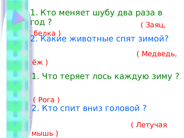 1. Кто меняет шубу два раза в год ?  ( Заяц, белка ) 2. Какие животные спят зимой?  ( Медведь, ёж ) 1. Что теряет лось каждую зиму ?  ( Рога ) 2. Кто спит вниз головой ?  ( Летучая мышь ) 
