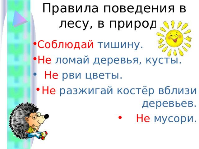 Правила поведения в лесу, в природе. Соблюдай тишину. Не ломай деревья, кусты.   Не рви цветы. Не разжигай костёр вблизи деревьев. Не мусори. 
