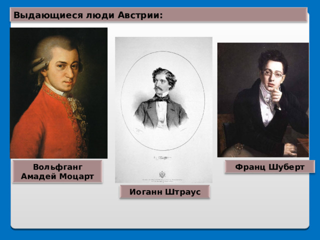 Выдающиеся люди Австрии: Вольфганг Амадей Моцарт Франц Шуберт Иоганн Штраус 