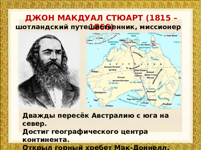 ДЖОН МАКДУАЛ СТЮАРТ (1815 – 1866) шотландский путешественник, миссионер Дважды пересёк Австралию с юга на север. Достиг географического центра континента. Открыл горный хребет Мак-Доннелл. 