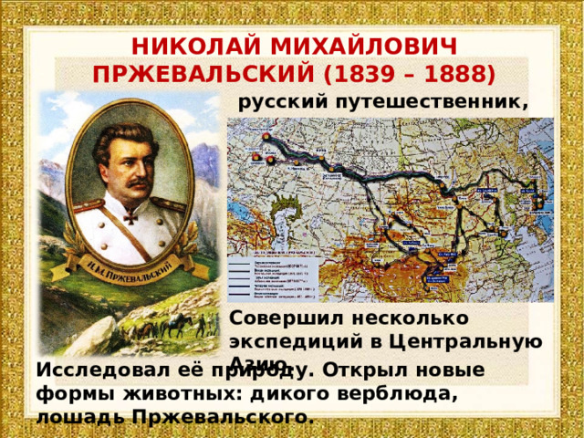 НИКОЛАЙ МИХАЙЛОВИЧ ПРЖЕВАЛЬСКИЙ (1839 – 1888) русский путешественник, натуралист Совершил несколько экспедиций в Центральную Азию. Исследовал её природу. Открыл новые формы животных: дикого верблюда, лошадь Пржевальского. 