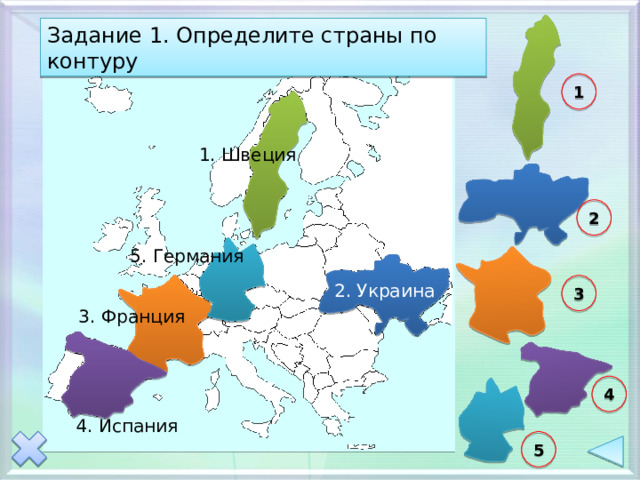 Задание 1. Определите страны по контуру 1 1. Швеция 2 5. Германия 2. Украина 3 3. Франция 4 4. Испания 5 