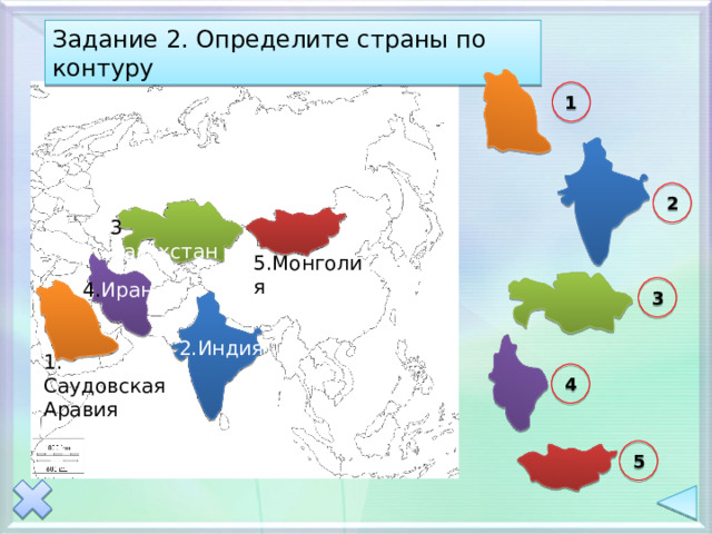 Задание 2. Определите страны по контуру 1 2 3 . Казахстан 5.Монголия 4. Иран 3 2.Индия 1. Саудовская Аравия 4 5 
