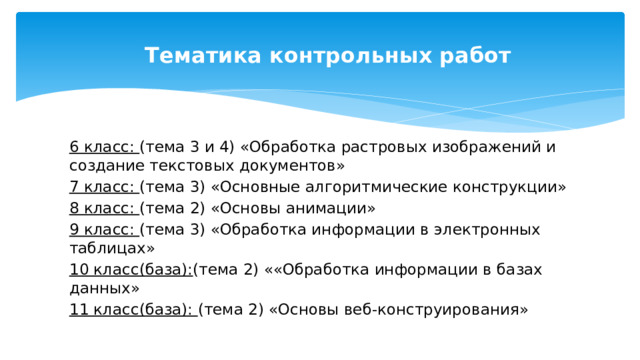 Тематика контрольных работ 6 класс: (тема 3 и 4) «Обработка растровых изображений и создание текстовых документов» 7 класс: (тема 3) «Основные алгоритмические конструкции» 8 класс: (тема 2) «Основы анимации» 9 класс: (тема 3) «Обработка информации в электронных таблицах» 10 класс(база): (тема 2) ««Обработка информации в базах данных» 11 класс(база): (тема 2) «Основы веб-конструирования» 