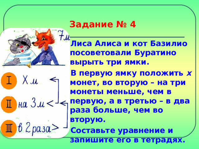 Задание № 4  Лиса Алиса и кот Базилио посоветовали Буратино вырыть три ямки. В первую ямку положить х монет, во вторую – на три монеты меньше, чем в первую, а в третью – в два раза больше, чем во вторую. Составьте уравнение и запишите его в тетрадях. 