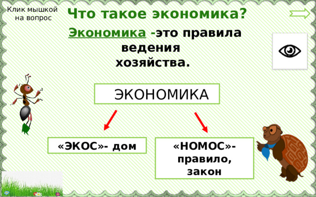 Что такое экономика? Клик мышкой  на вопрос  Экономика - это правила ведения  хозяйства.  ЭКОНОМИКА «ЭКОС»- дом «НОМОС»-правило, закон 