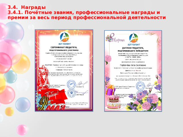 3.4. Награды  3.4.1. Почётные звания, профессиональные награды и премии за весь период профессиональной деятельности 
