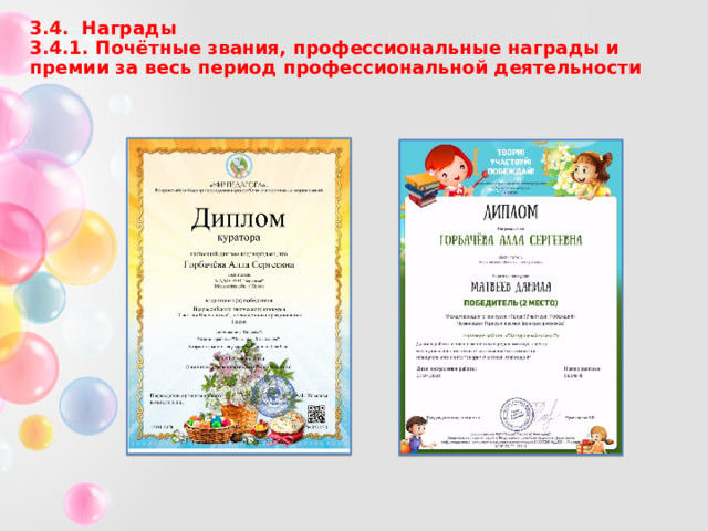 3.4. Награды  3.4.1. Почётные звания, профессиональные награды и премии за весь период профессиональной деятельности 