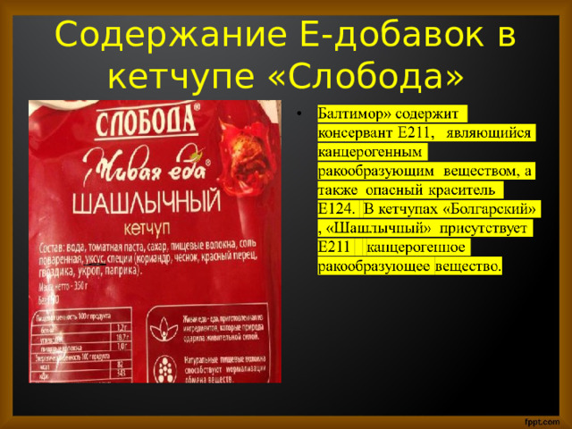 Содержание Е-добавок в кетчупе «Слобода» 