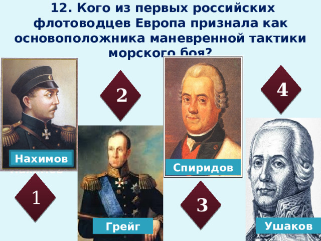 Спиридов Ушаков  12. Кого из первых российских флотоводцев Европа признала как основоположника маневренной тактики морского боя? 4 2 Нахимов Нахимов 1 3 Грейг 