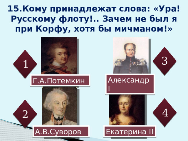 Александр I 15.Кому принадлежат слова: «Ура! Русскому флоту!.. Зачем не был я при Корфу, хотя бы мичманом!» 3 1 Г.А.Потемкин Кто из представленных современников адмирала говорил после взятия Корфу: «Жаль, что я не был хотя бы мичманом на этом сражении» 4 2 Екатерина II А.В.Суворов 16 