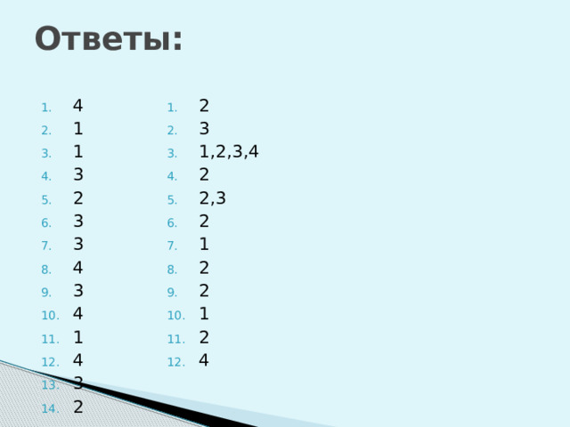 Ответы: 4 1 1 3 2 3 3 4 3 4 1 4 3 2 2 3 1,2,3,4 2 2,3 2 1 2 2 1 2 4 