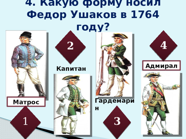 4. Какую форму носил Федор Ушаков в 1764 году?   4 2 Адмирал Капитан Гардемарин Матрос 1 3 