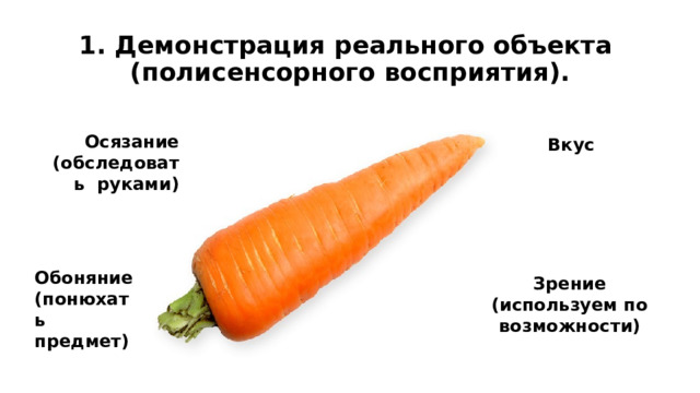 1. Демонстрация реального объекта  (полисенсорного восприятия). Осязание (обследовать руками) Вкус Обоняние (понюхать предмет) Зрение (используем по возможности) 