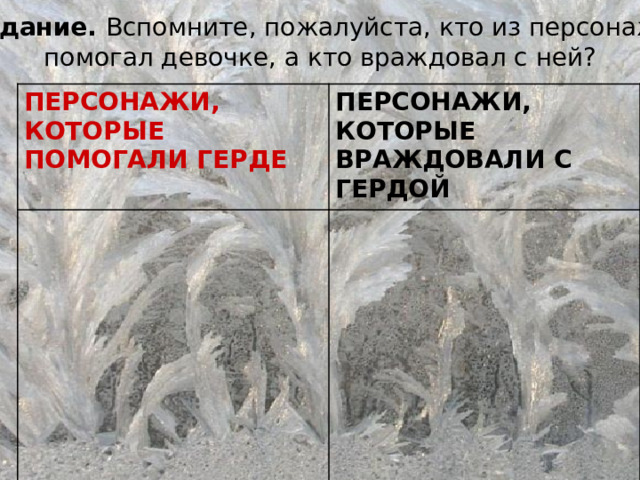 3 задание. Вспомните, пожалуйста, кто из персонажей помогал девочке, а кто враждовал с ней? ПЕРСОНАЖИ, КОТОРЫЕ ПОМОГАЛИ ГЕРДЕ ПЕРСОНАЖИ, КОТОРЫЕ ВРАЖДОВАЛИ С ГЕРДОЙ 