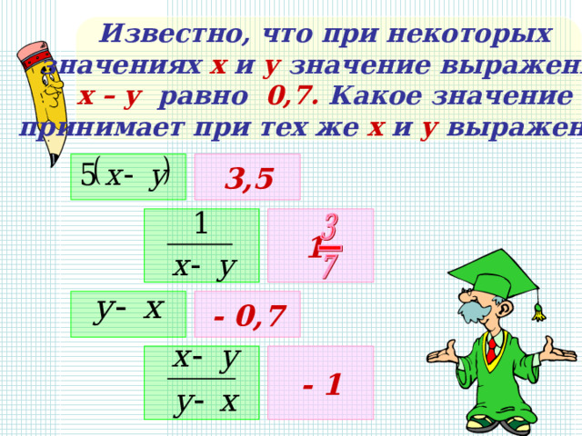 Известно, что при некоторых значениях х и у значение выражения х – у равно 0,7. Какое значение принимает при тех же х и у выражение:  3,5  1  - 0,7   - 1 