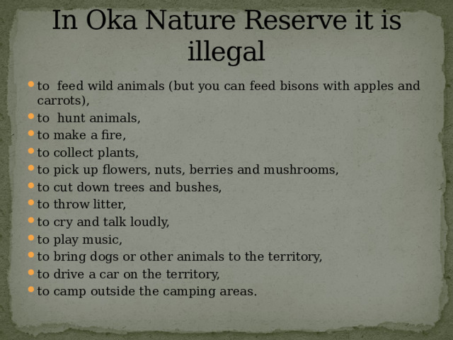 In Oka Nature Reserve it is illegal to feed wild animals (but you can feed bisons with apples and carrots), to hunt animals, to make a fire, to collect plants, to pick up flowers, nuts, berries and mushrooms, to cut down trees and bushes, to throw litter, to cry and talk loudly, to play music, to bring dogs or other animals to the territory, to drive a car on the territory, to camp outside the camping areas. 