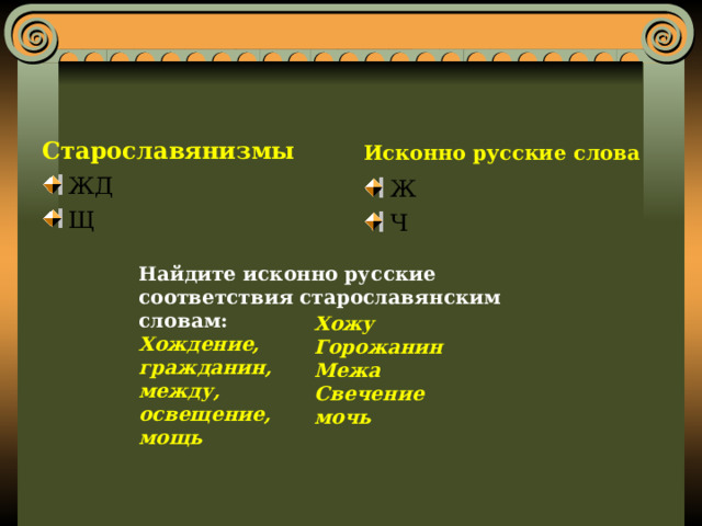 Старославянизмы Исконно русские слова ЖД Щ Ж Ч Найдите исконно русские соответствия старославянским словам: Хождение, гражданин, между, освещение, мощь  Хожу Горожанин Межа Свечение мочь 