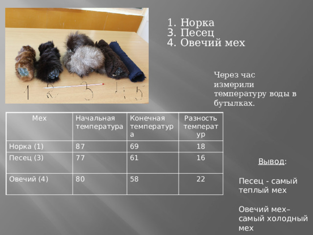 1. Норка 3 . Песец 4 . Овечий мех Через час измерили температуру воды в бутылках. Мех Начальная температура Норка (1) Конечная температура Песец (3) 87 Разность температур Овечий (4) 69 77 61 18 80 16 58 22 Вывод : Песец - самый теплый мех Овечий мех– самый холодный мех 