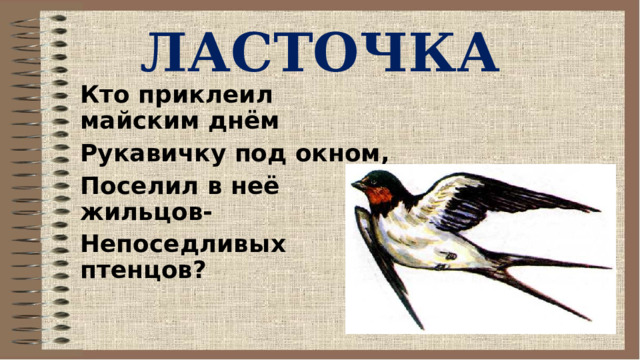 ЛАСТОЧКА Кто приклеил майским днём Рукавичку под окном, Поселил в неё жильцов- Непоседливых птенцов? 