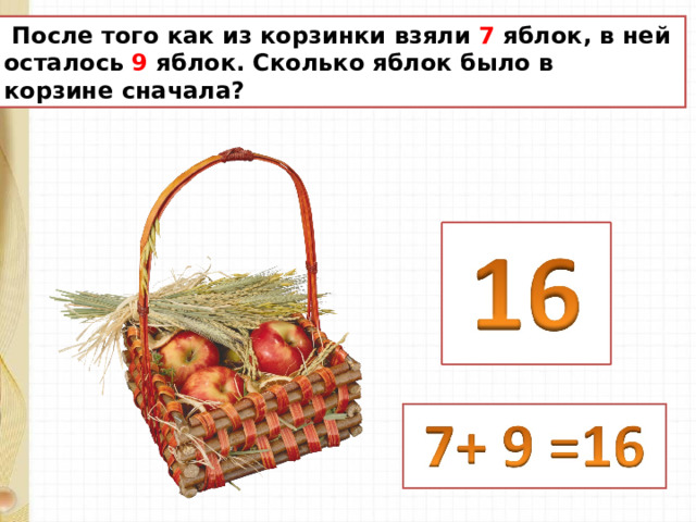  После того как из корзинки взяли 7 яблок, в ней осталось 9 яблок. Сколько яблок было в корзине сначала? 