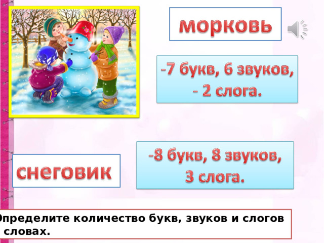 Определите количество букв, звуков и слогов в словах. 