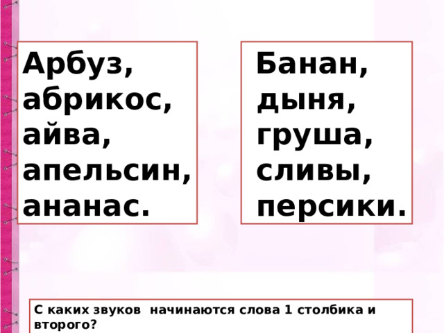 Арбуз, абрикос, айва, апельсин, ананас.  Банан,  дыня,  груша,  сливы,  персики. С каких звуков начинаются слова 1 столбика и второго? 