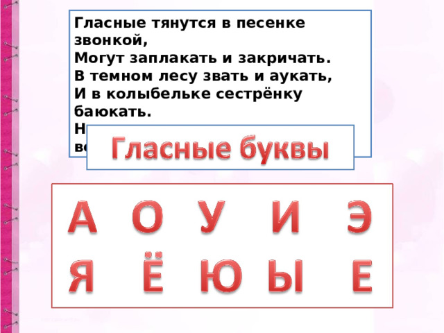 Гласные тянутся в песенке звонкой, Могут заплакать и закричать. В темном лесу звать и аукать, И в колыбельке сестрёнку баюкать. Но не желают свистеть и ворчать. 