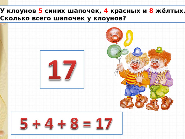  У клоунов 5 синих шапочек, 4 красных и 8 жёлтых.  Сколько всего шапочек у клоунов? 