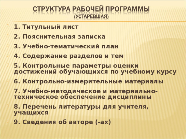 1. Титульный лист  2. Пояснительная записка  3. Учебно-тематический план  4. Содержание разделов и тем  5. Контрольные параметры оценки достижений обучающихся по учебному курсу  6. Контрольно-измерительные материалы  7. Учебно-методическое и материально-техническое обеспечение дисциплины  8. Перечень литературы для учителя, учащихся  9. Сведения об авторе (-ах)  