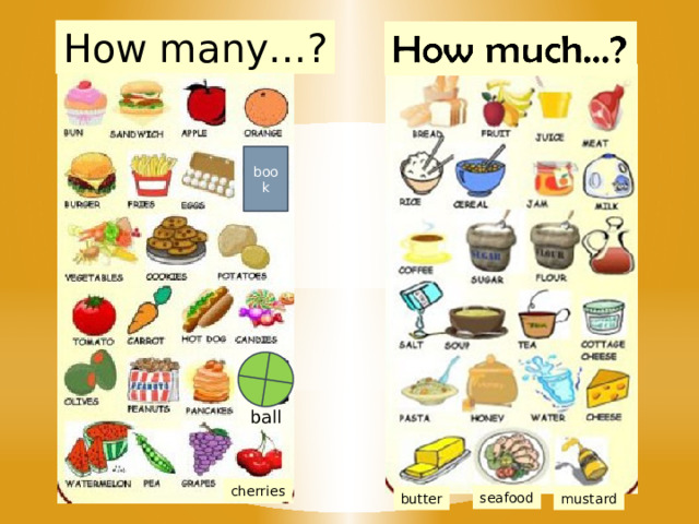 How many…? book ball cherries seafood mustard butter 
