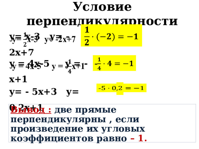 Условие перпендикулярности у= х-3 у= -2х+7     у = 4х-5 у = -х+1   -   у= - 5х+3 у= 0,2х+1 -   Вывод :  две прямые перпендикулярны , если произведение их угловых коэффициентов равно – 1. 