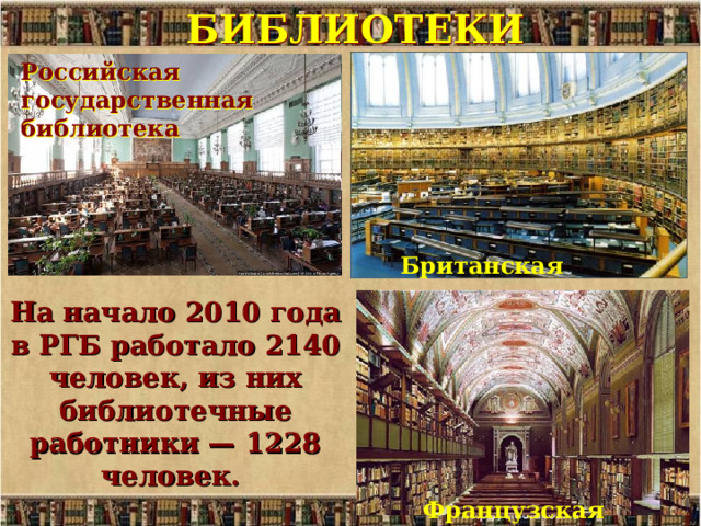 БИБЛИОТЕКИ Российская государственная библиотека Британская На начало 2010 года в РГБ работало 2140 человек, из них библиотечные работники — 1228 человек.  Французская 