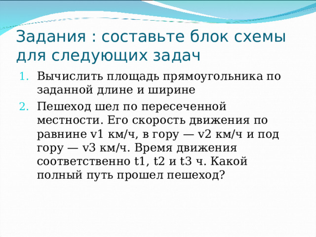 Задания : составьте блок схемы для следующих задач Вычислить площадь прямоугольника по заданной длине и ширине Пешеход шел по пересеченной местности. Его скорость движения по равнине v1 км/ч, в гору — v2 км/ч и под гору — v3 км/ч. Время движения соответственно t1, t2 и t3 ч. Какой полный путь прошел пешеход?  