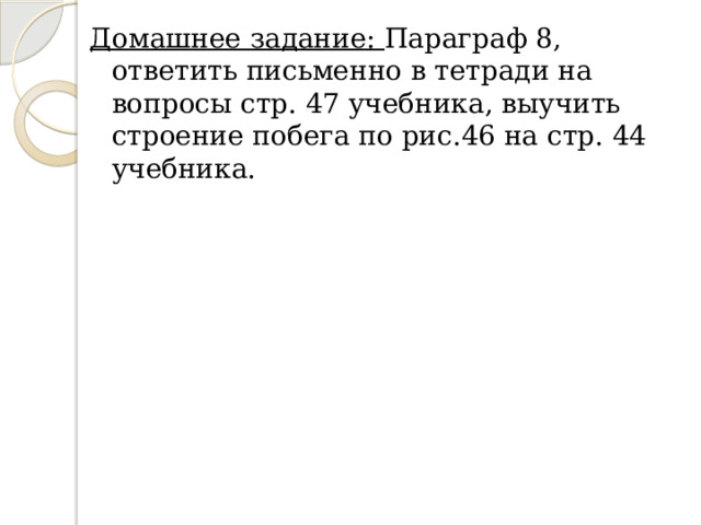 Домашнее задание: Параграф 8, ответить письменно в тетради на вопросы стр. 47 учебника, выучить строение побега по рис.46 на стр. 44 учебника. 