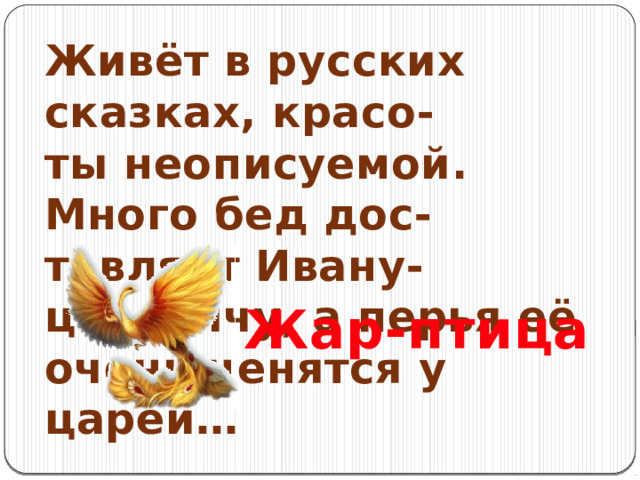Живёт в русских сказках, красо- ты неописуемой. Много бед дос- тавляет Ивану-царевичу, а перья её очень ценятся у царей… Жар-птица 