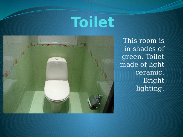 Toilet This room is in shades of green. Toilet made ​​of light ceramic. Bright lighting. 