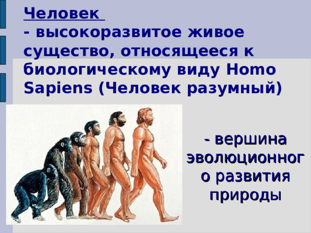 Человек  - высокоразвитое живое существо, относящееся к биологическому виду Homo Sapiens (Человек разумный) - вершина эволюционного развития природы 