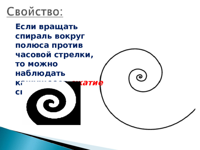  Если вращать спираль вокруг полюса против часовой стрелки, то можно наблюдать кажущееся сжатие спирали. 