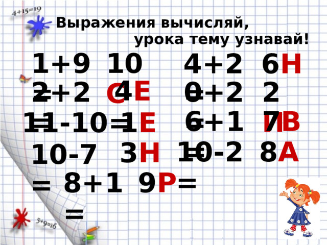 Выражения вычисляй, урока тему узнавай! 10 С 1+9 = 6 Н 4+2 = 4 Е 2+2 = 2 И 0+2 = 6+1 = 7 В 11-10= 1 Е 8 А 10-2 = 3 Н 10-7 = 8+1 = 9 Р 