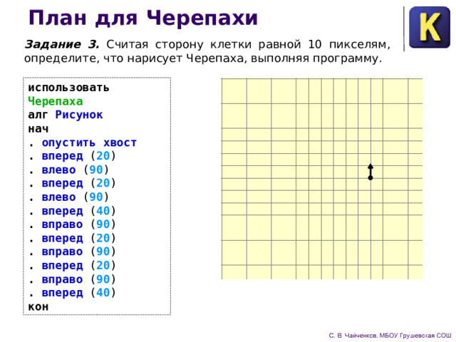 Какой длины отрезок нарисует черепаха при выполнении фрагмента программы опустить хвост