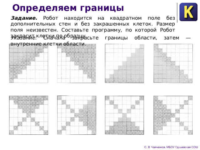 Определяем границы Задание. Робот находится на квадратном поле без дополнитель­ных стен и без закрашенных клеток. Размер поля неизвестен. Со­ставьте программу, по которой Робот закрасит клетки по образцу. Указание. Сначала закрасьте границы области, затем — внутренние клетки области. 