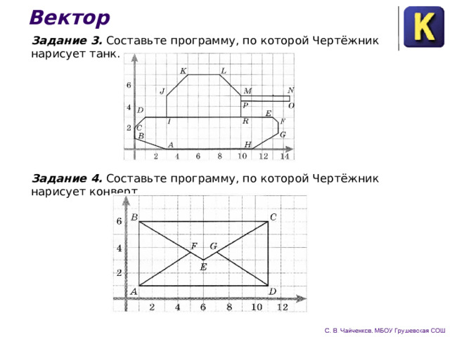 Вектор Задание 3. Составьте программу, по которой Чертёжник нарисует танк. Задание 4. Составьте программу, по которой Чертёжник нарисует конверт. 